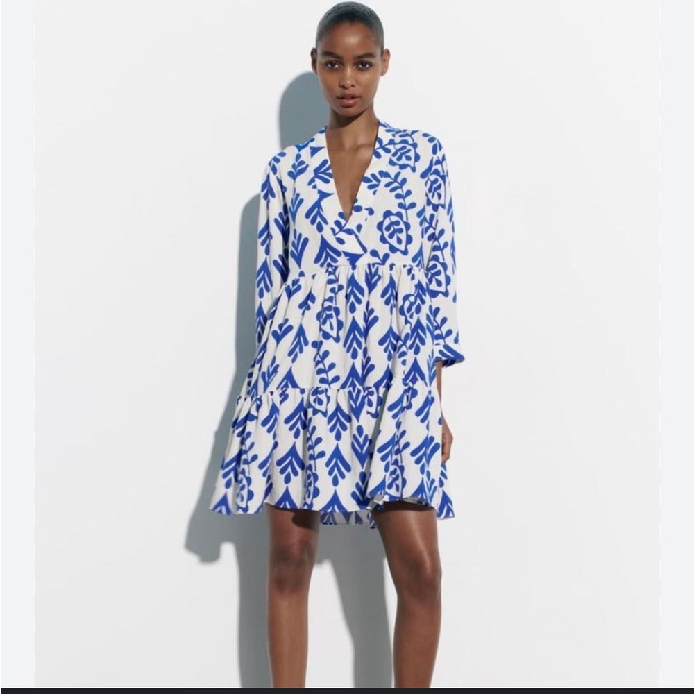Zara Blue and Cream Floral Dress